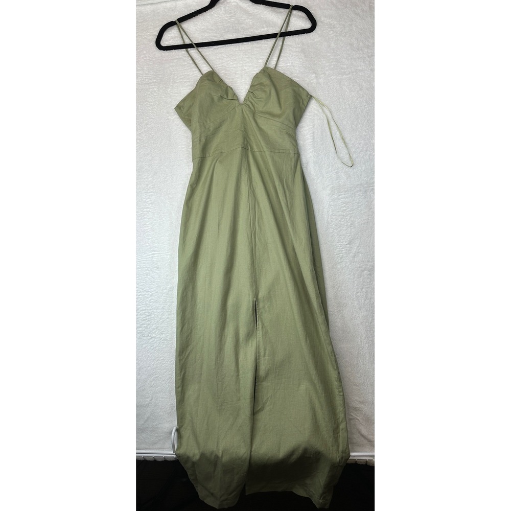 Zara Maxi Dress Women M Green Linen Blend Open Back Spaghetti Strap 1171